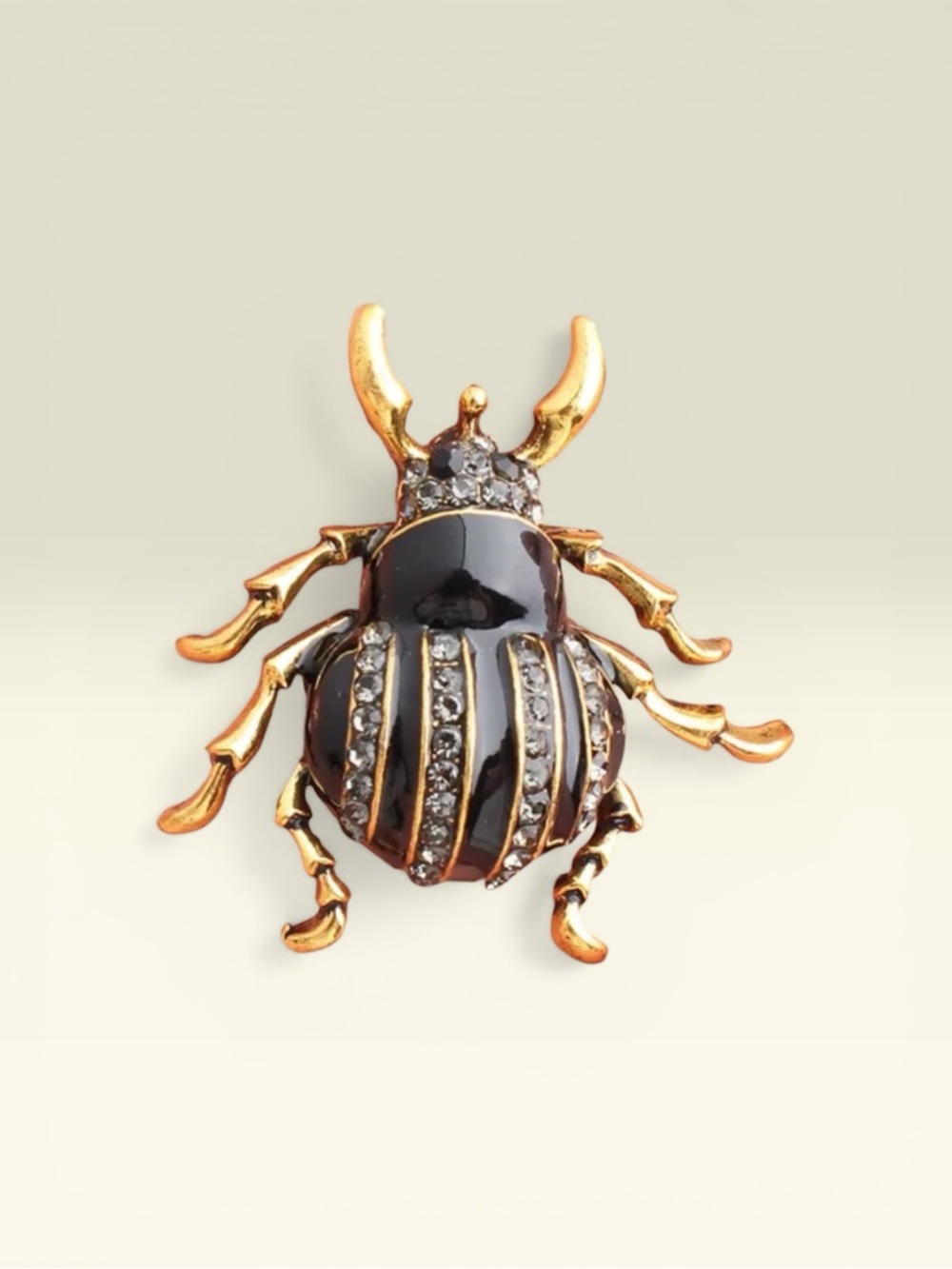 Gold Tone Beetle Brooch with Black Enamel and Clear Crystals
